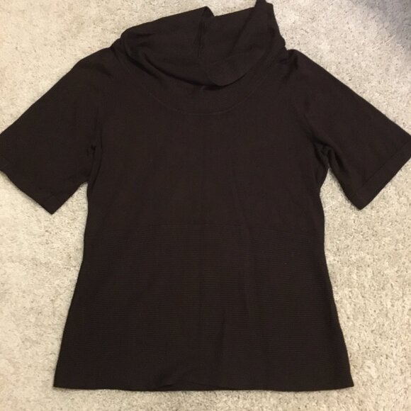 Brown Cowl Neck Ribbed Waist Short Sleeve Sweater - Picture 11 of 16